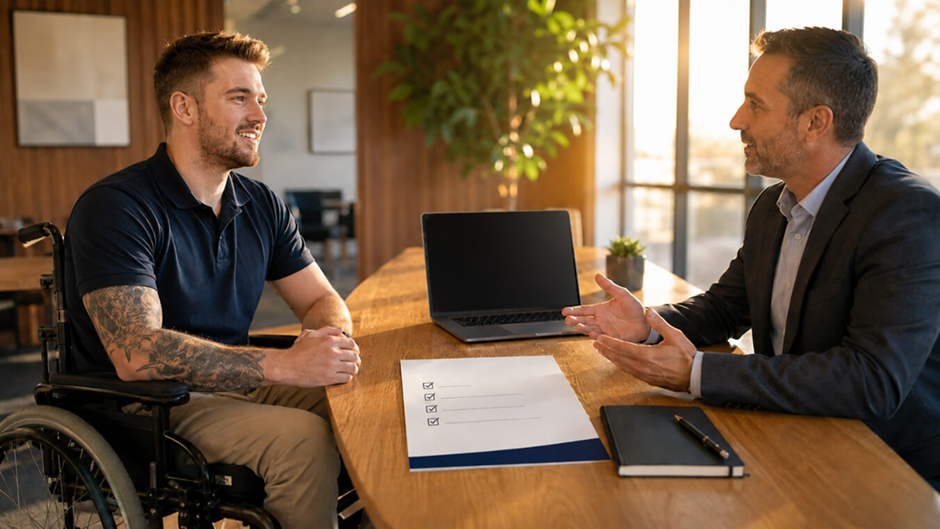 Young disabled veteran in a wheelchair discussing employment support with a consultant at a modern office table.