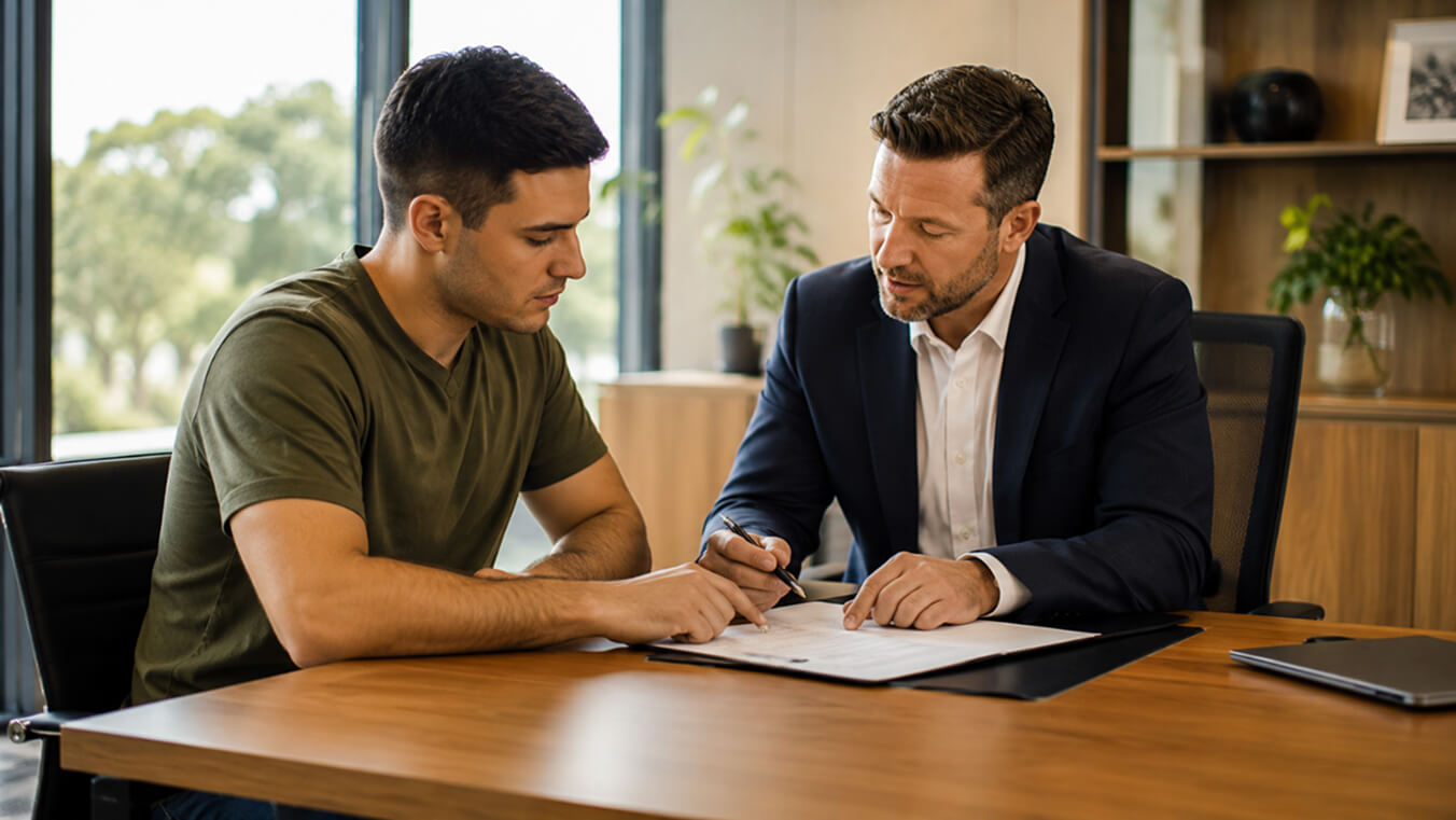 Young male veteran in a green shirt reviewing employment support paperwork with a professional adviser in a modern office.