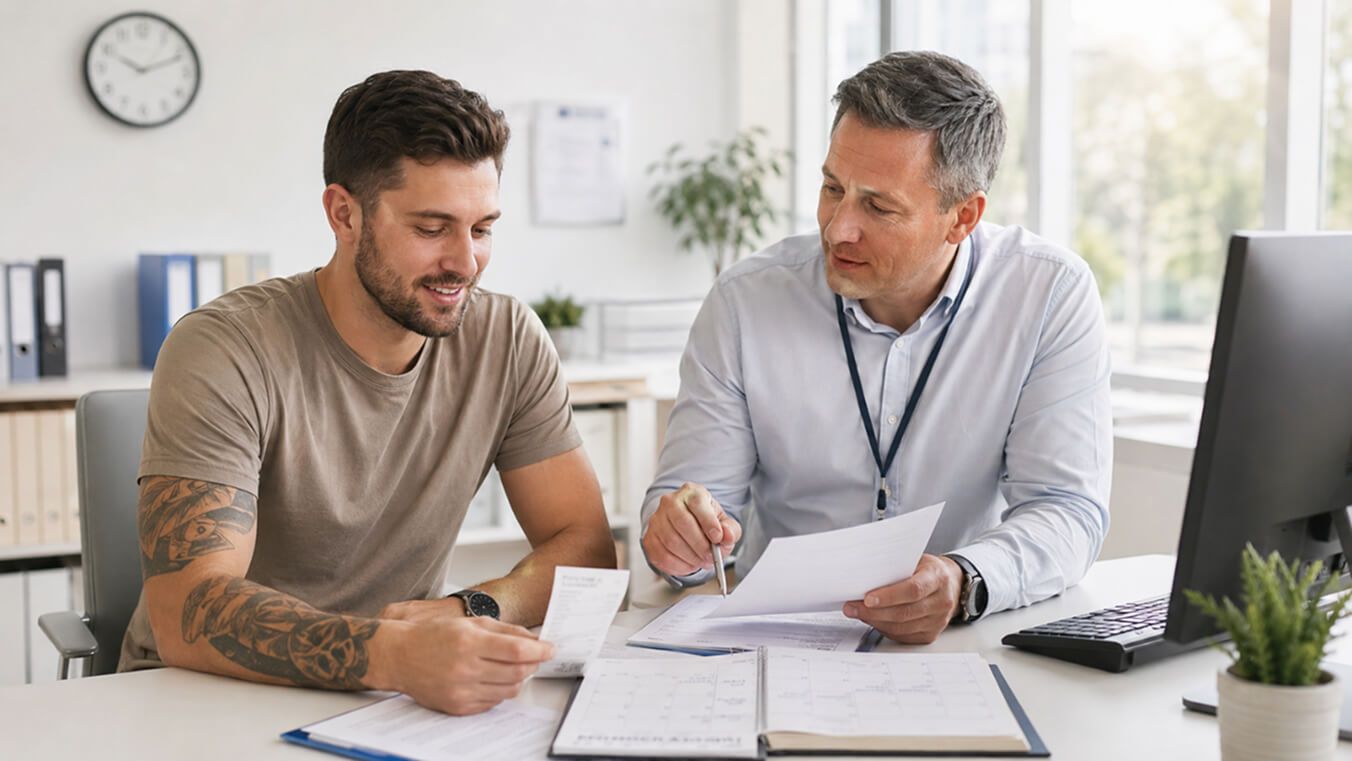 A young man reviews receipts and paperwork with an adviser at a desk in a bright office, discussing claim forms and deadlines.