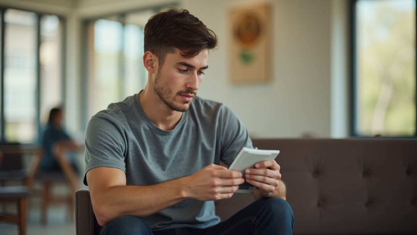 A young Australian veteran sits in a bright community centre, reviewing mental health support resources for veteran PTSD.
