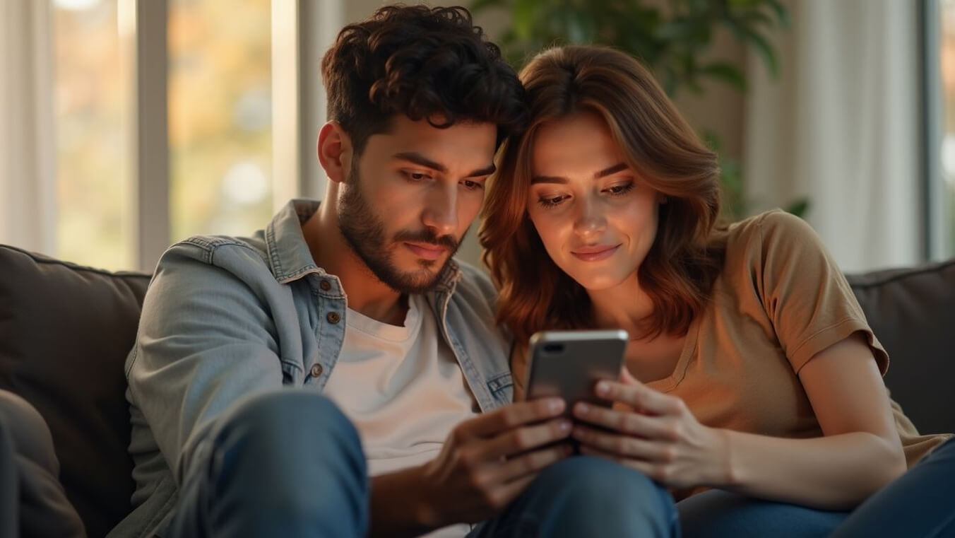 A young Australian veteran couple reviews mental health support and peer group resources together at home.