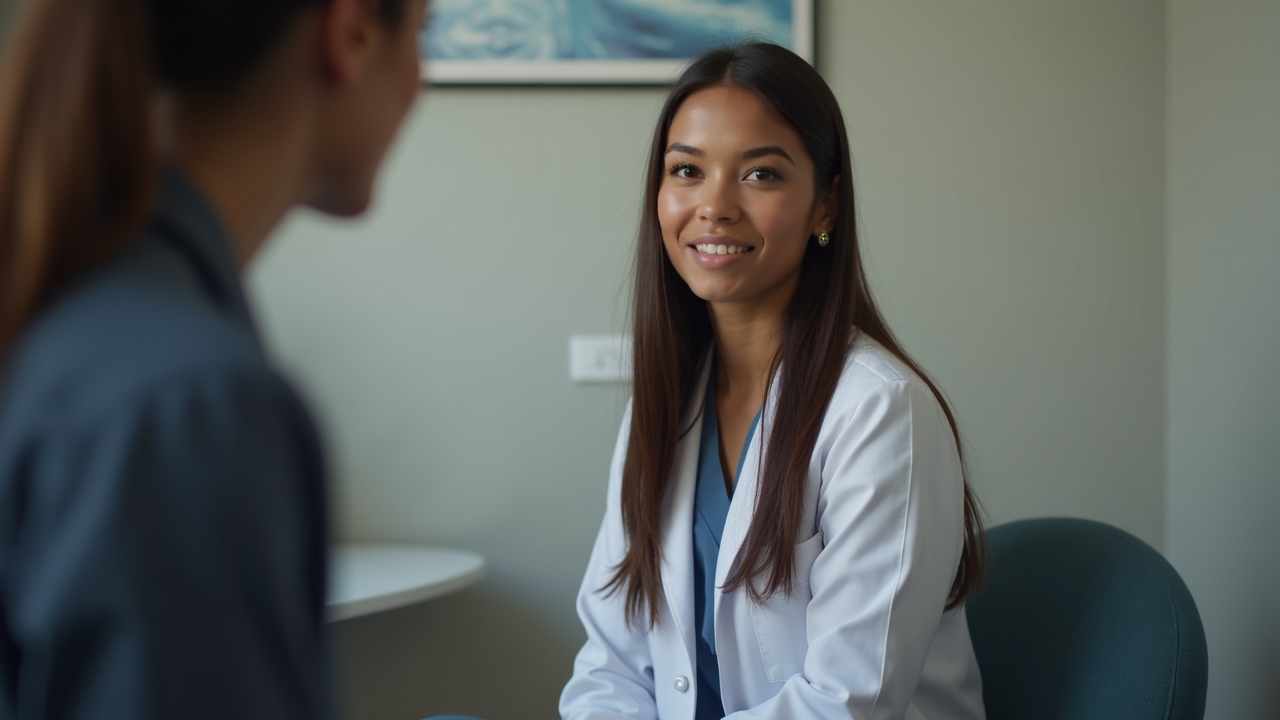 A young female veteran participates in a DVA-funded trauma recovery consultation at an Australian hospital clinic.