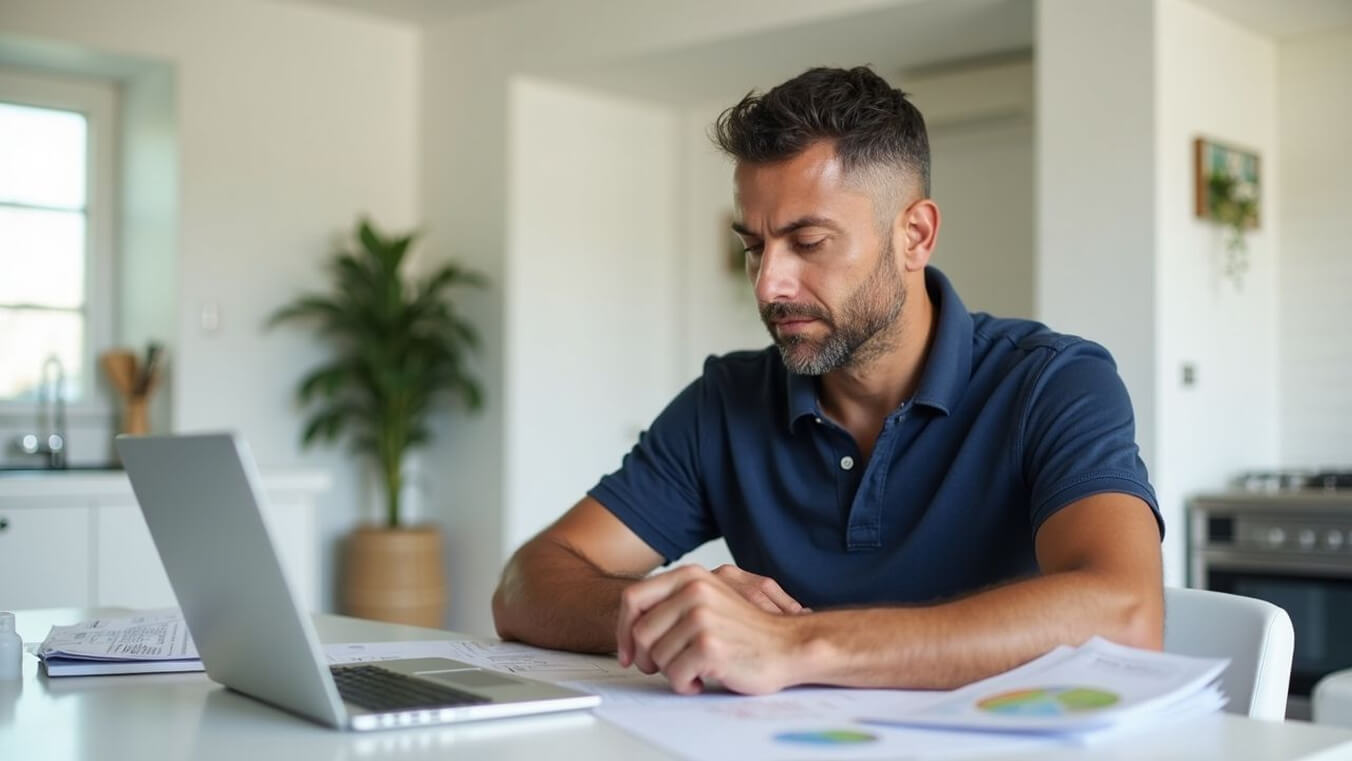 A young Australian veteran reviewing DVA Gold Card pension rates and compensation documents at home.