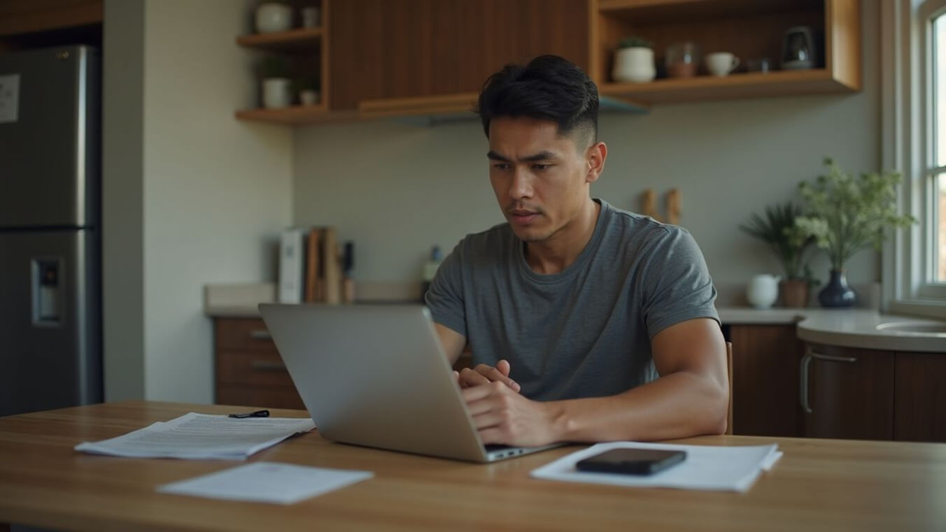 Young Australian veteran reviewing DVA rental housing documentation at home.