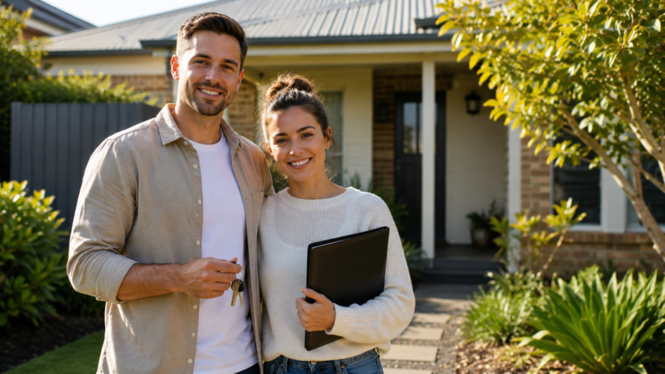 Young Australian veteran couple outside a private rental property they have secured.