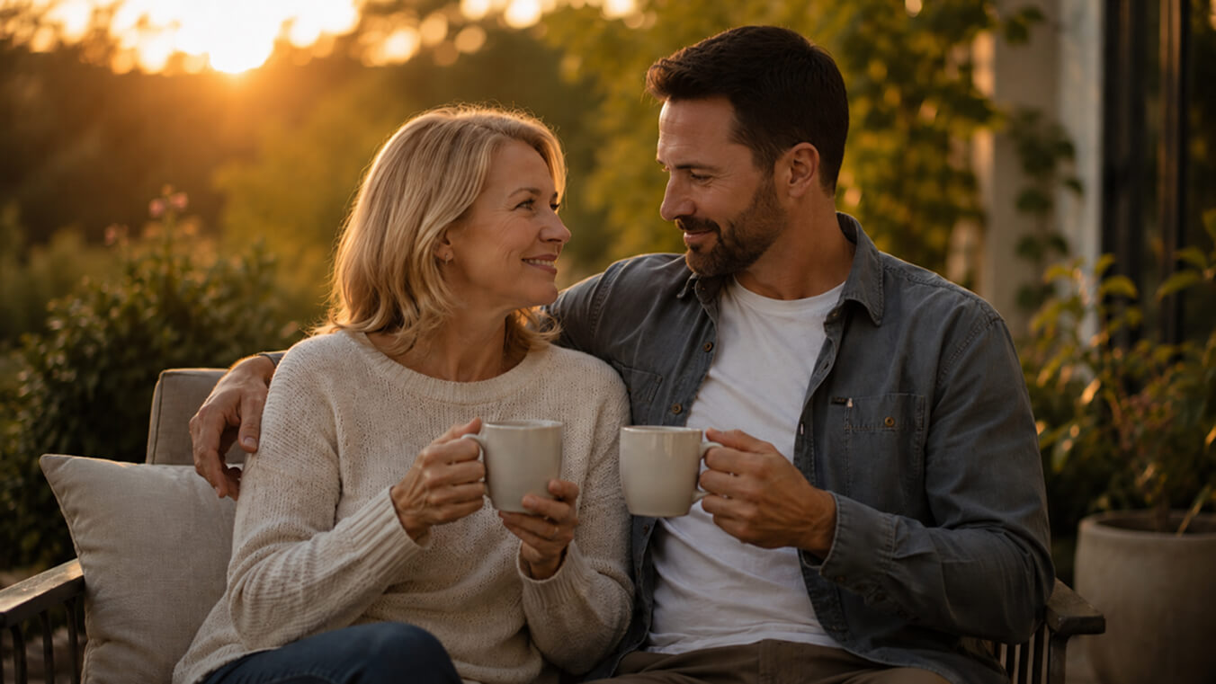 Smiling Australian veteran couple sitting close together on an outdoor patio at sunset, holding coffee mugs and sharing a warm, relaxed moment.