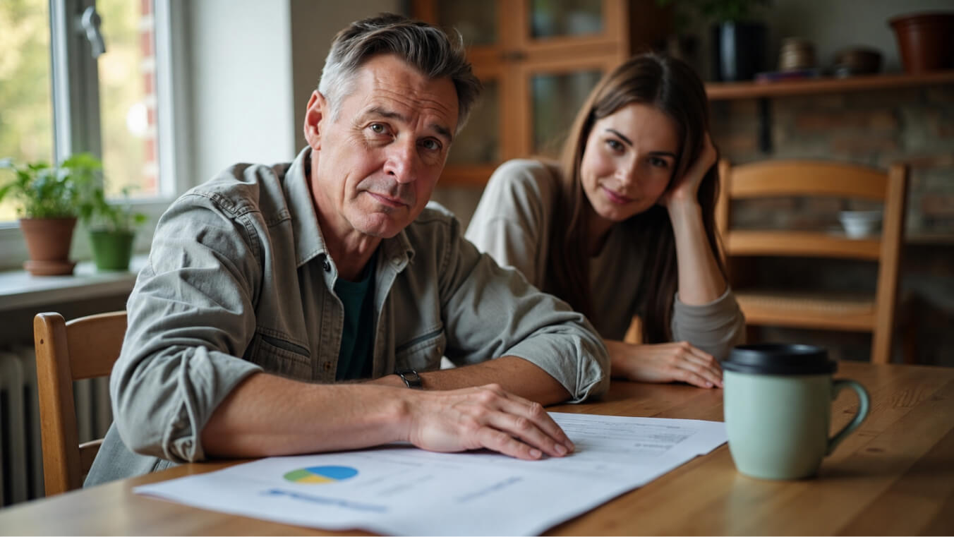 Middle-aged veteran and spouse reviewing health check paperwork together at a kitchen table.