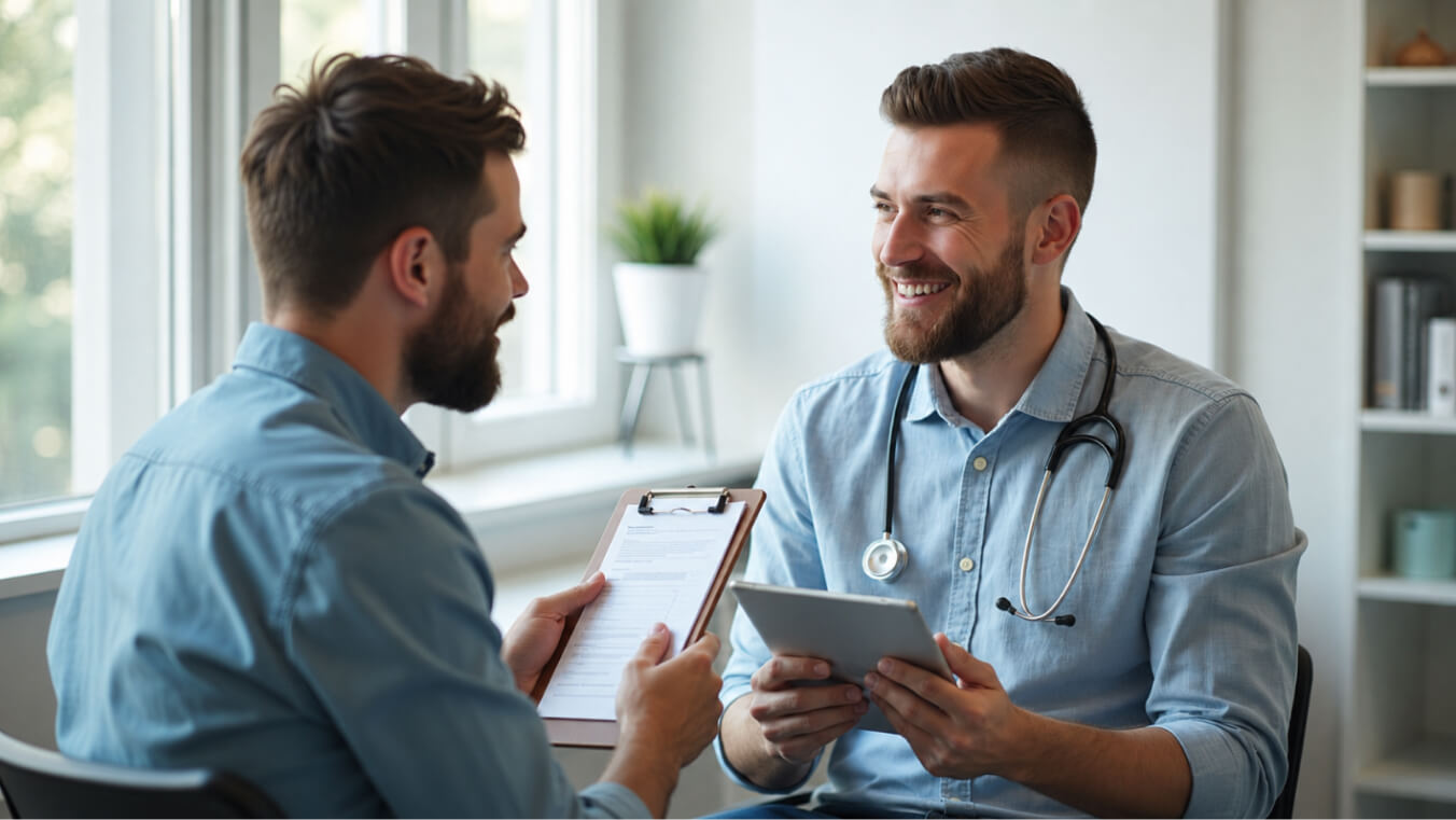 A veteran in casual clothing consults with a GP in a medical office, reviewing health records in a supportive environment.