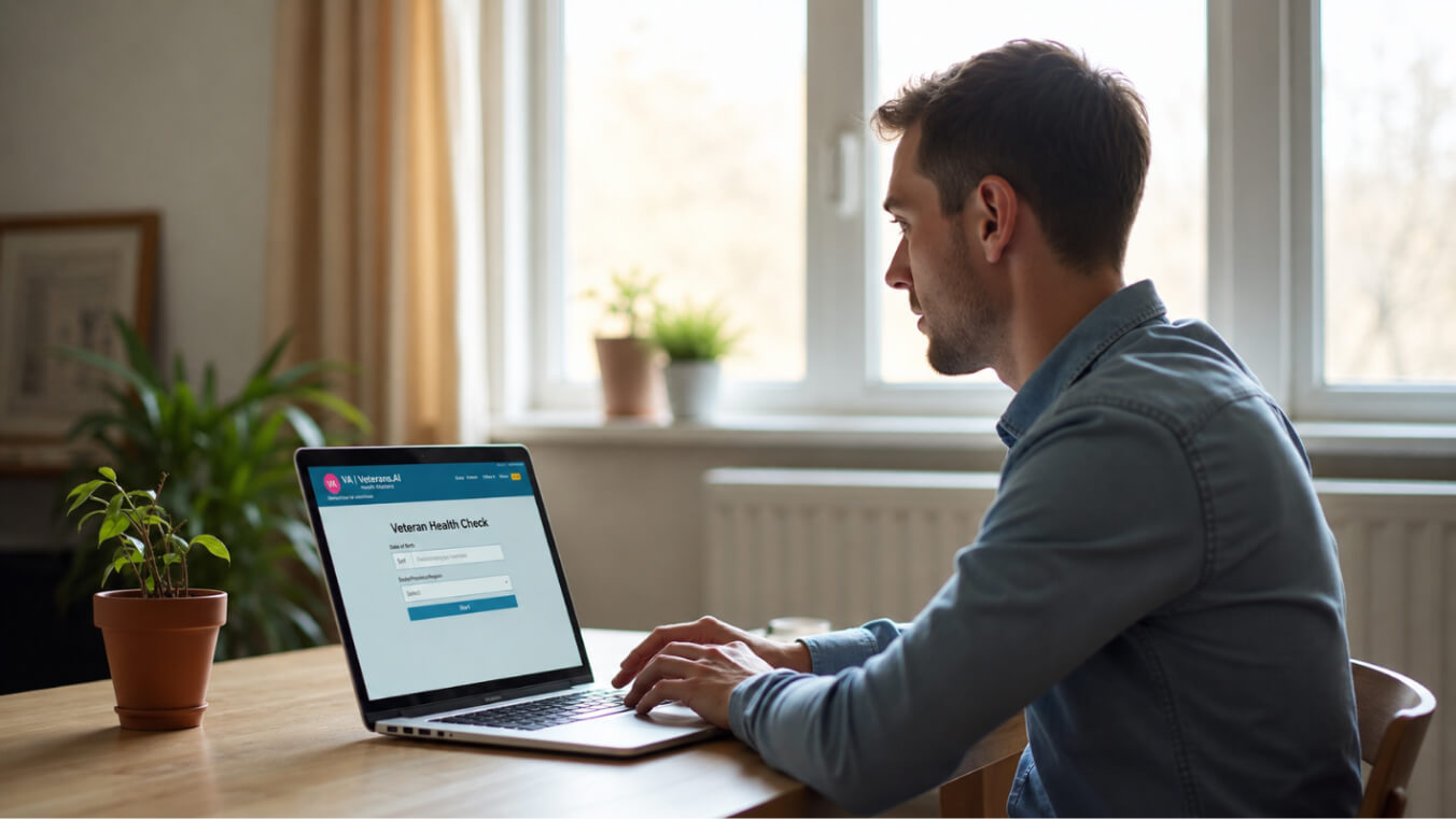 A young veteran accesses the DVA online portal to book a Veteran Health Check on their laptop, seated at a desk in a bright room.