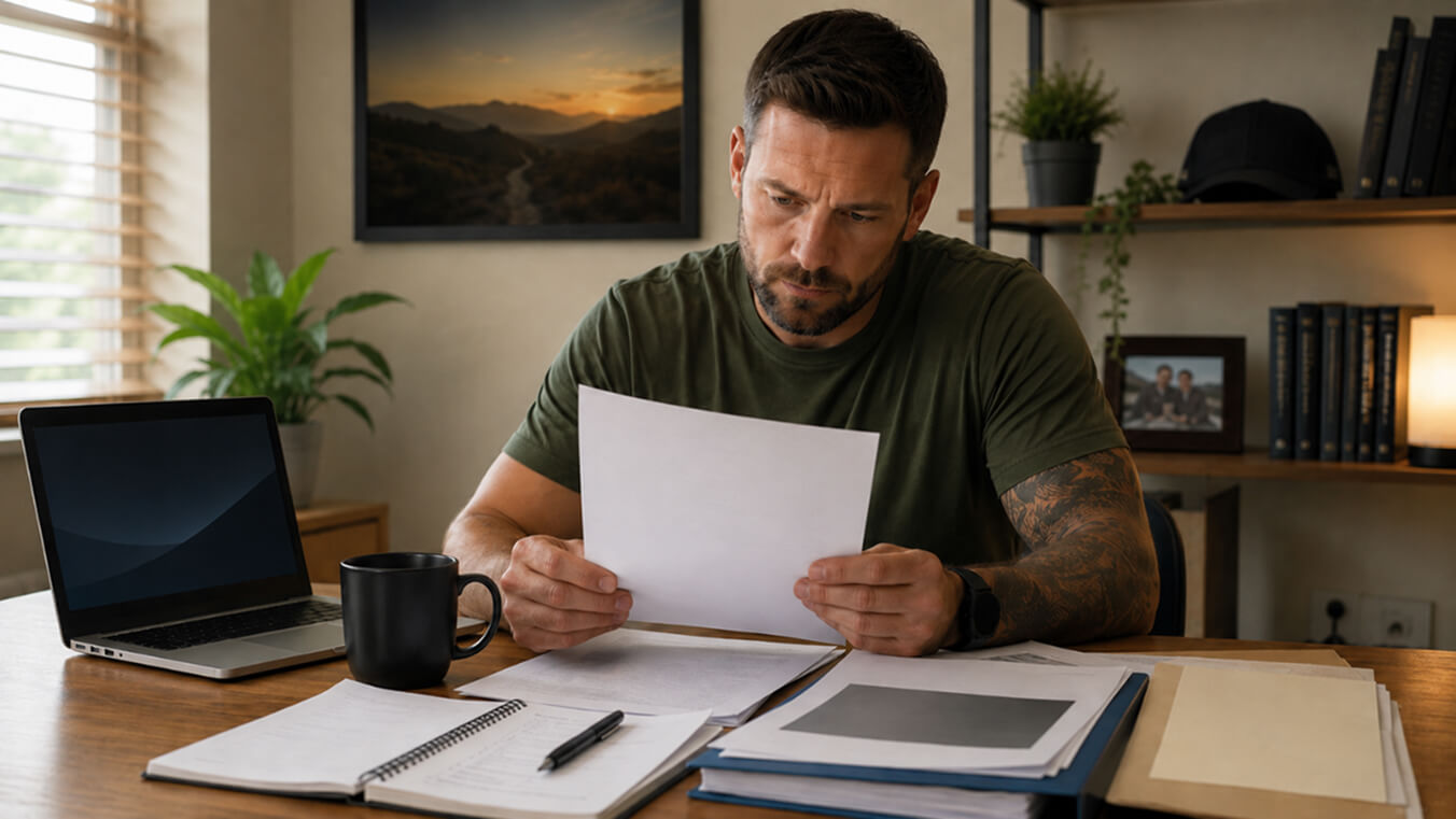 Australian veteran sitting at a home office desk, carefully reviewing medical assessment paperwork before a DVA medical advisor appointment, with a laptop, notebook, and claim documents nearby.
