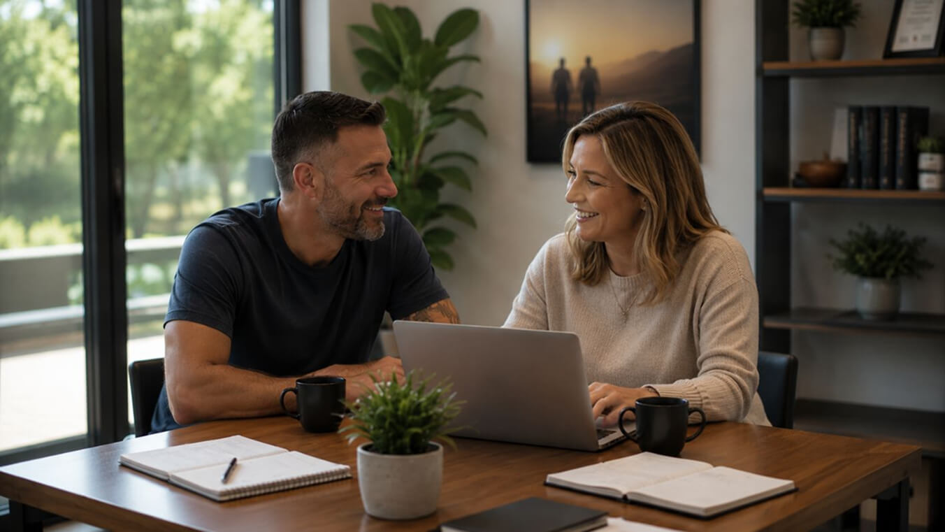 Australian veteran and partner reviewing DVA claim information at home.