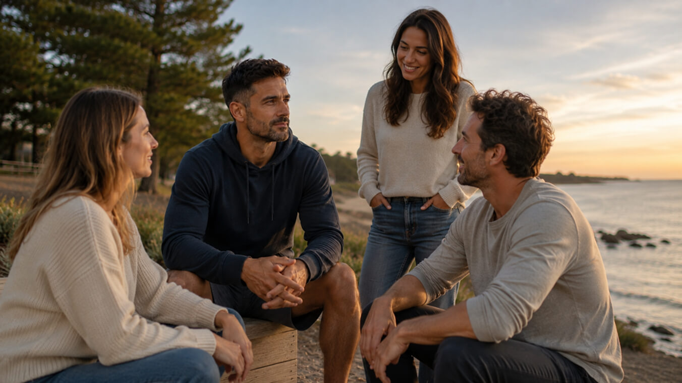 A diverse group of young veterans participate in a peer support group session in an Australian community setting.
