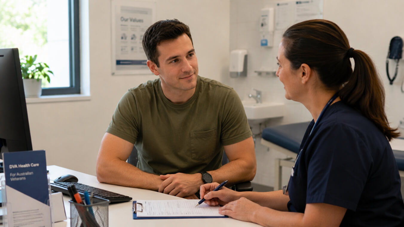 A young veteran accessing DVA-funded healthcare at an Australian medical clinic.