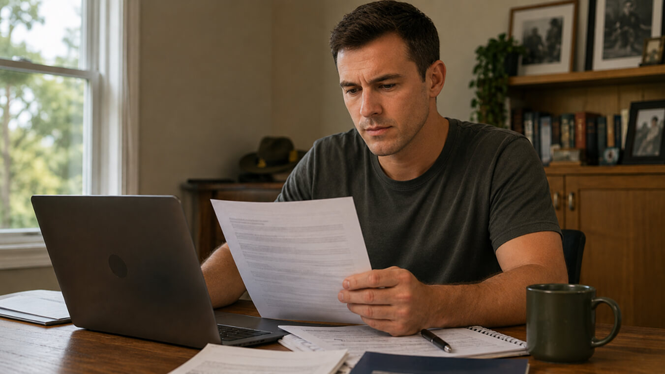 A young veteran in Australia preparing his DVA Gold Card and pension rates claim documents at home.