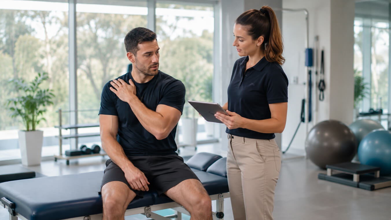 DVA-funded physiotherapy session for a veteran with a service-related shoulder injury under a veterans' health program.
