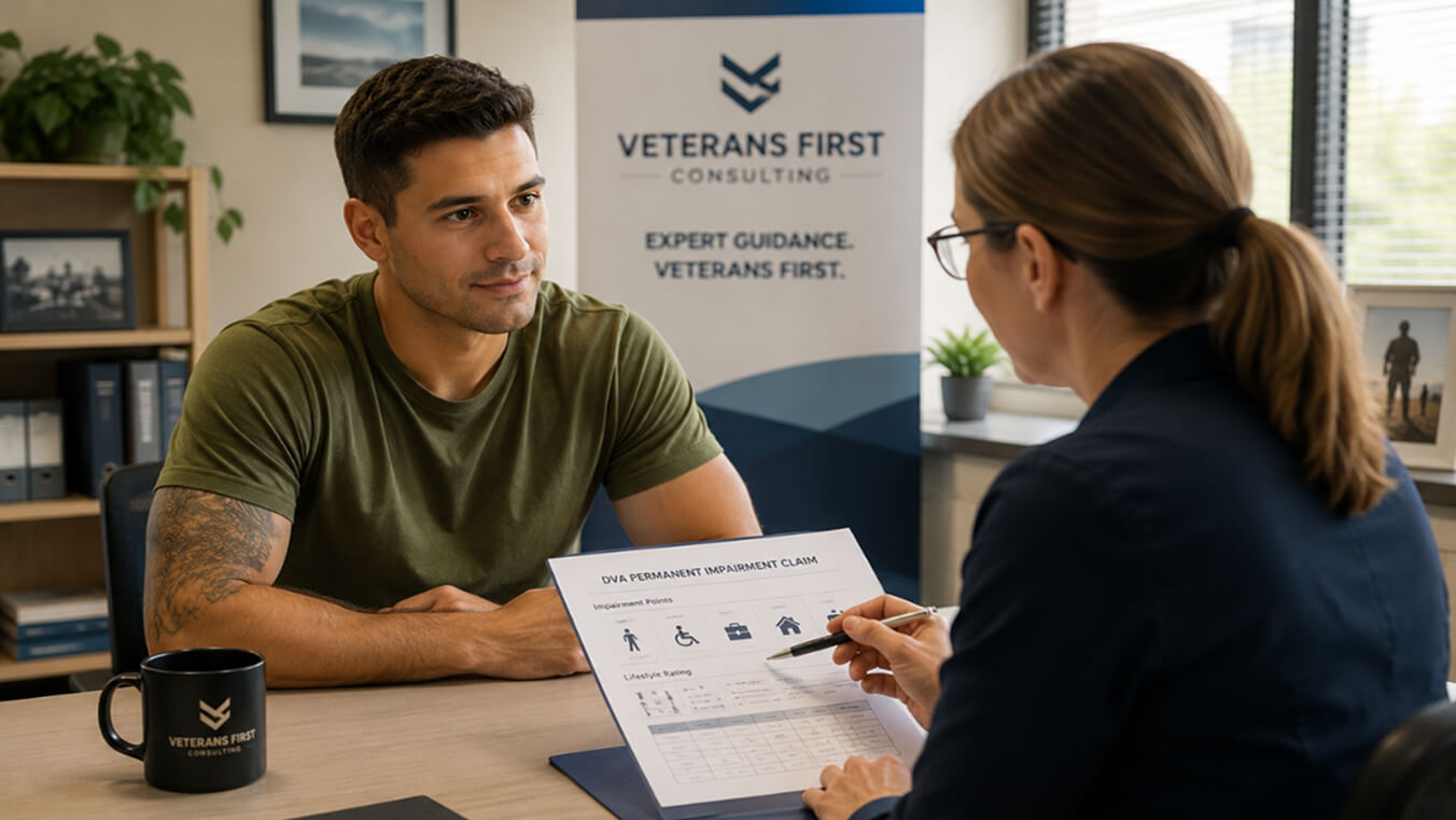 Young Australian veteran holding a travel mug on a coastal bench at sunset, reflecting on DVA permanent impairment support.