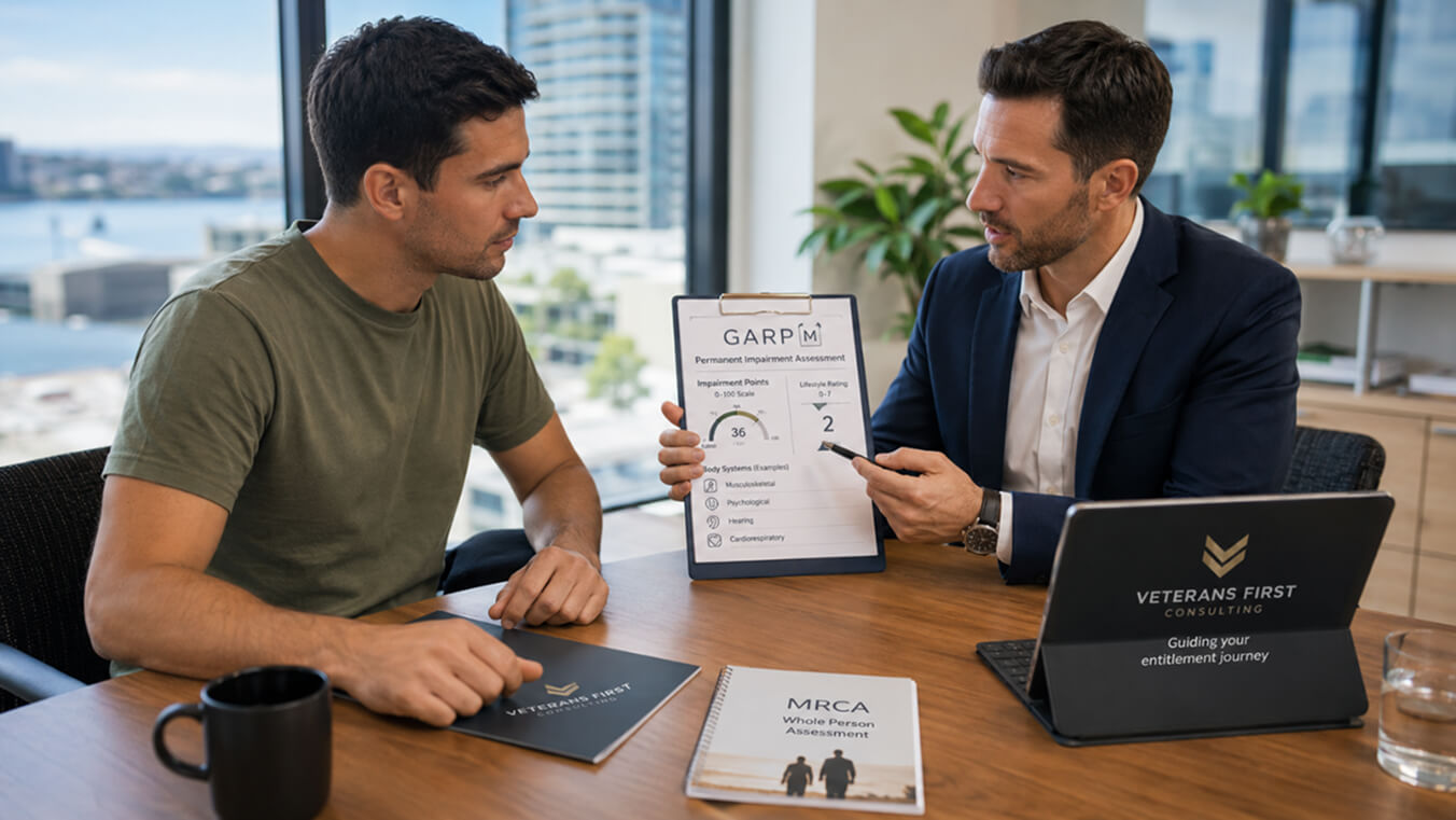 Young Australian veterans reviewing DVA permanent impairment compensation payment options.