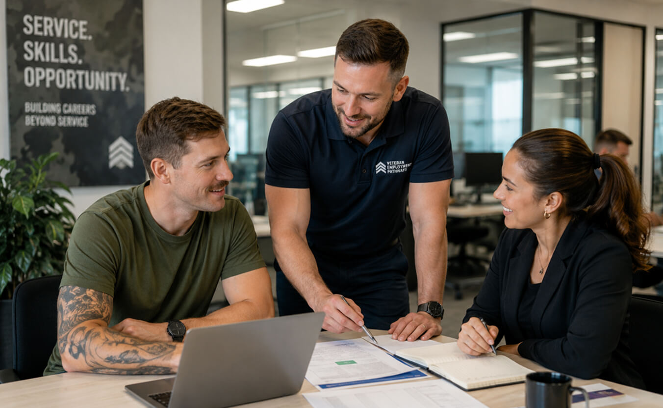 Australian veterans and a career consultant reviewing employment pathway documents in a modern civilian workplace.