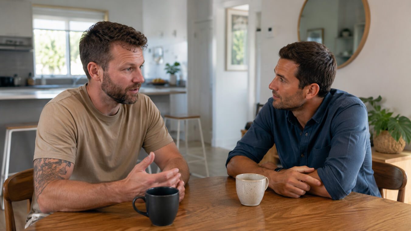 A veteran and a friend having a supportive conversation at a kitchen table in an Australian home.