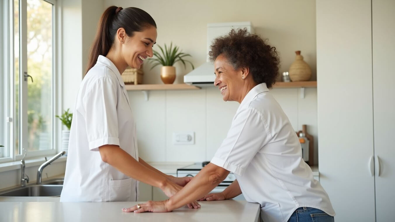 Female Australian veteran receiving DVA home care support in her suburban Australian kitchen.