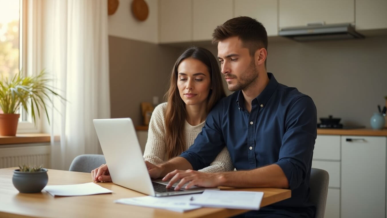 Young Australian veteran reviewing pro bono legal services for veterans options with their partner at home.