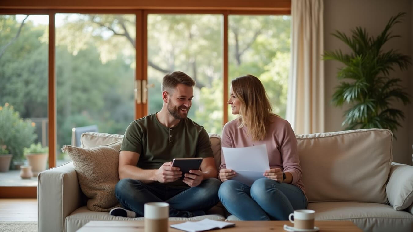 Australian veteran and wife comparing DVA claim support options at home.
