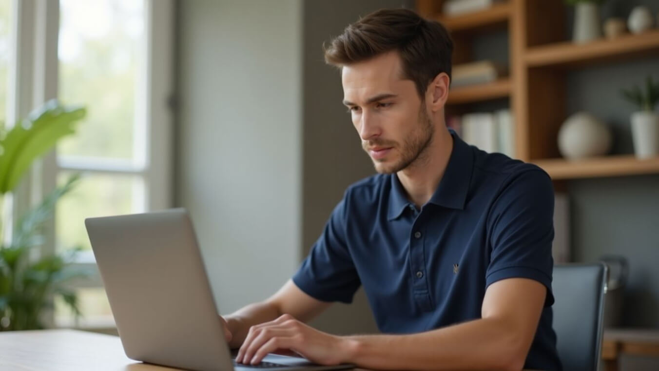 A young veteran researching veterans support charity options at home in Australia.
