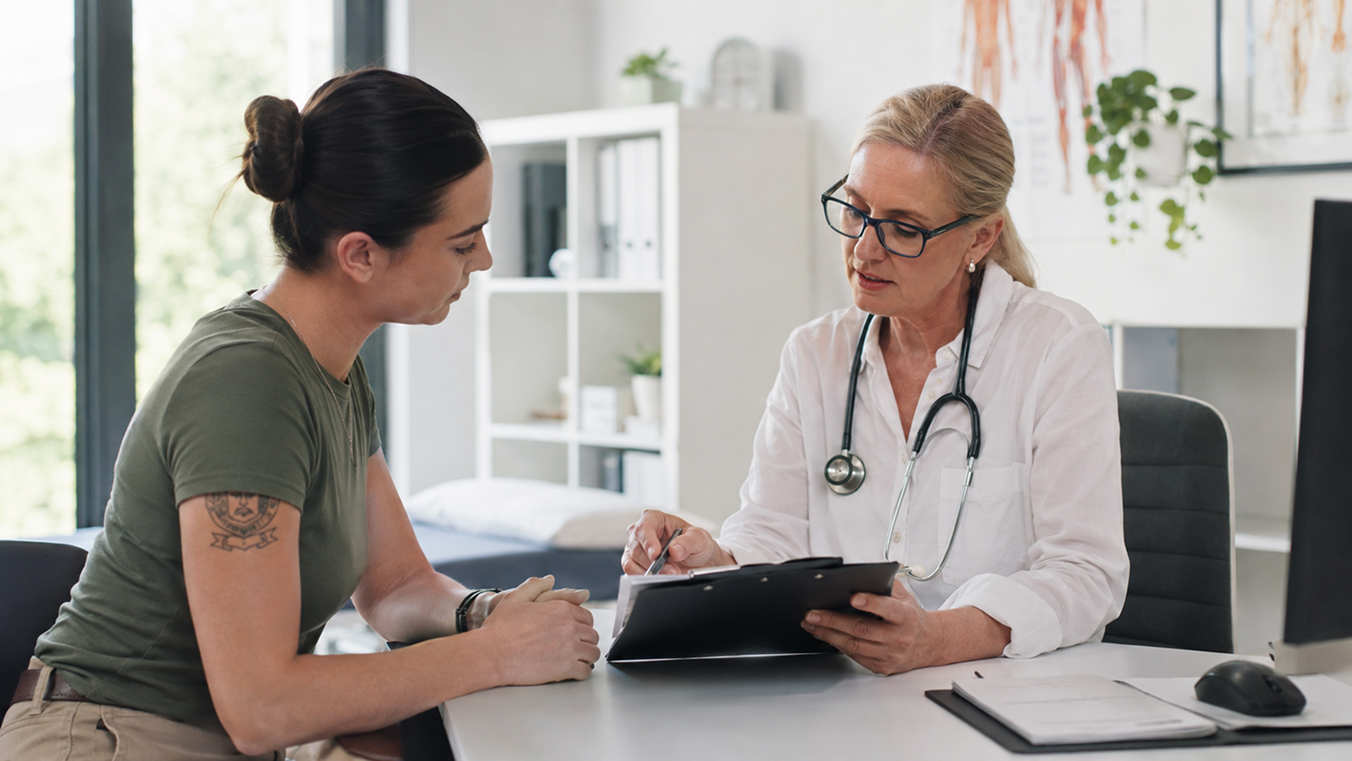 Female veteran discussing DVA claim documentation with an experienced GP.