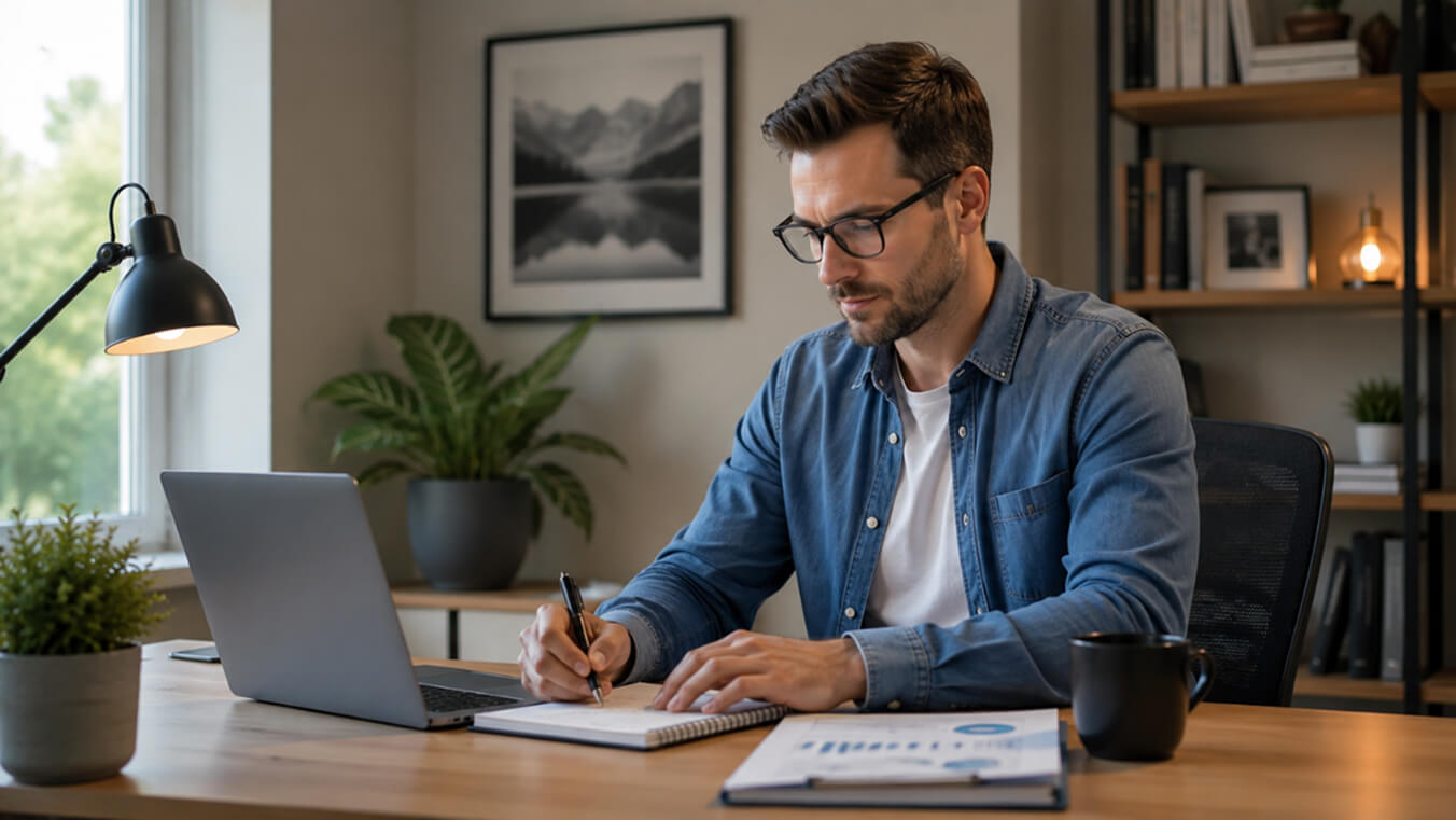 A young Australian veteran reviewing DVA travel entitlements online at home.