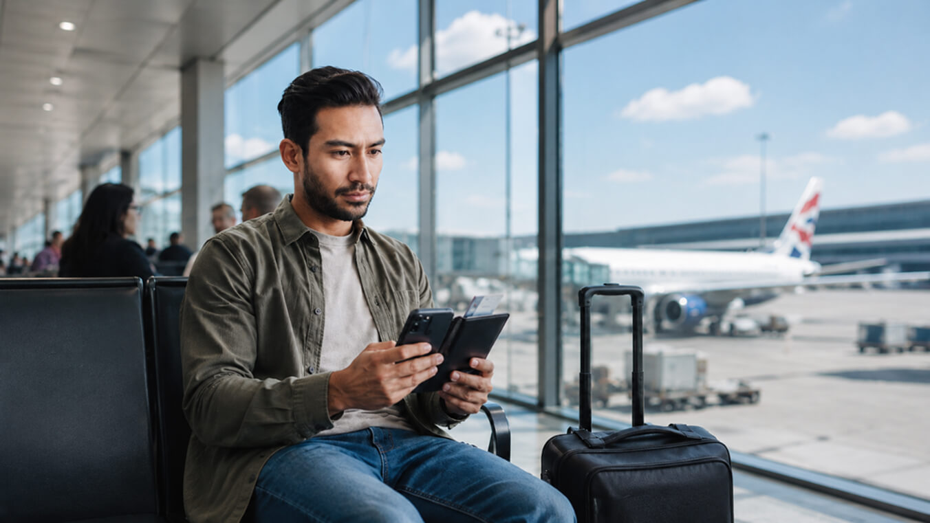 A young Australian veteran at an international airport preparing to travel overseas.