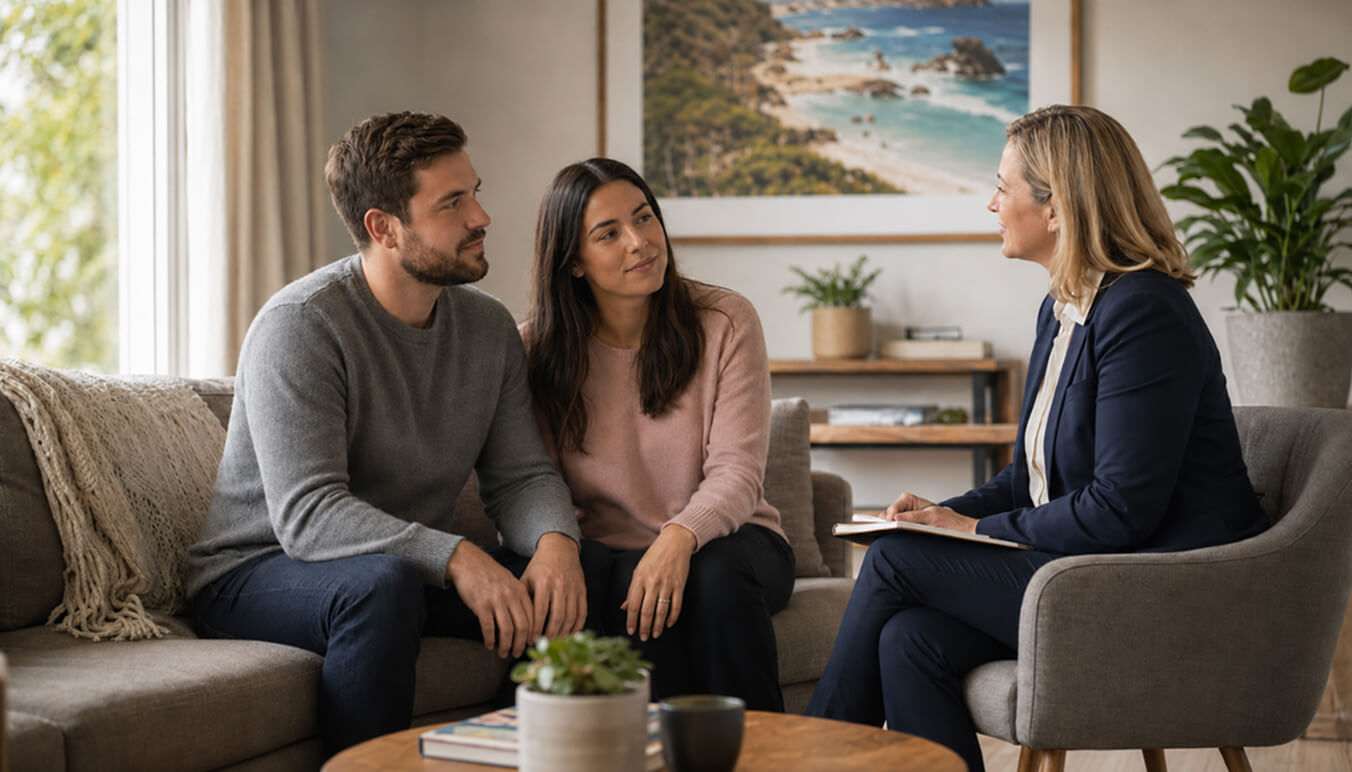 Young Australian veteran couple attending a family counselling session for mental health support.