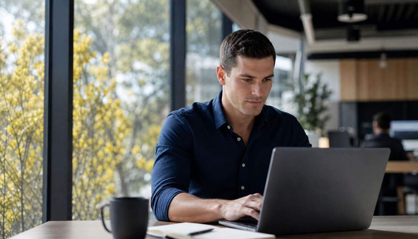 Young Australian veteran reviewing vocational training materials on laptop in modern civilian workplace as part of DVA-funded veterans training program.