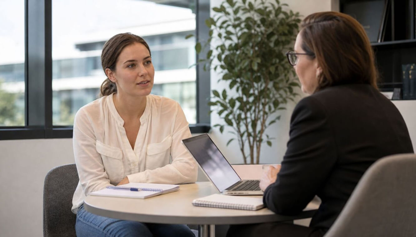 Female Australian veteran in vocational assessment meeting with rehabilitation consultant under DVA Rehabilitation Program.