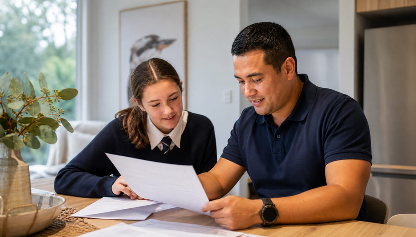 Young Australian veteran father reviewing university enrolment paperwork with his teenage daughter, supported by the veterans education program.