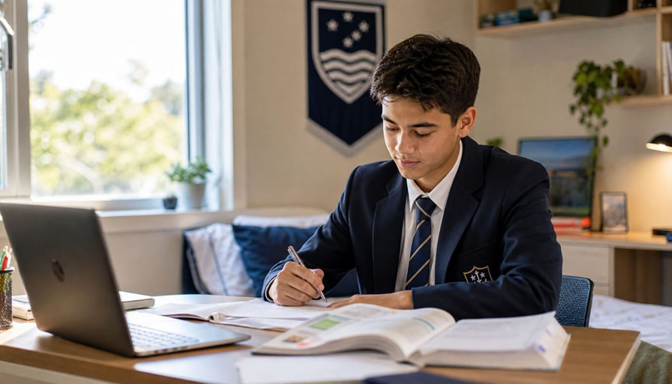 Australian secondary student of a veteran's family studying at home with support from the DVA Military Rehabilitation and Compensation Act Education and Training Scheme.