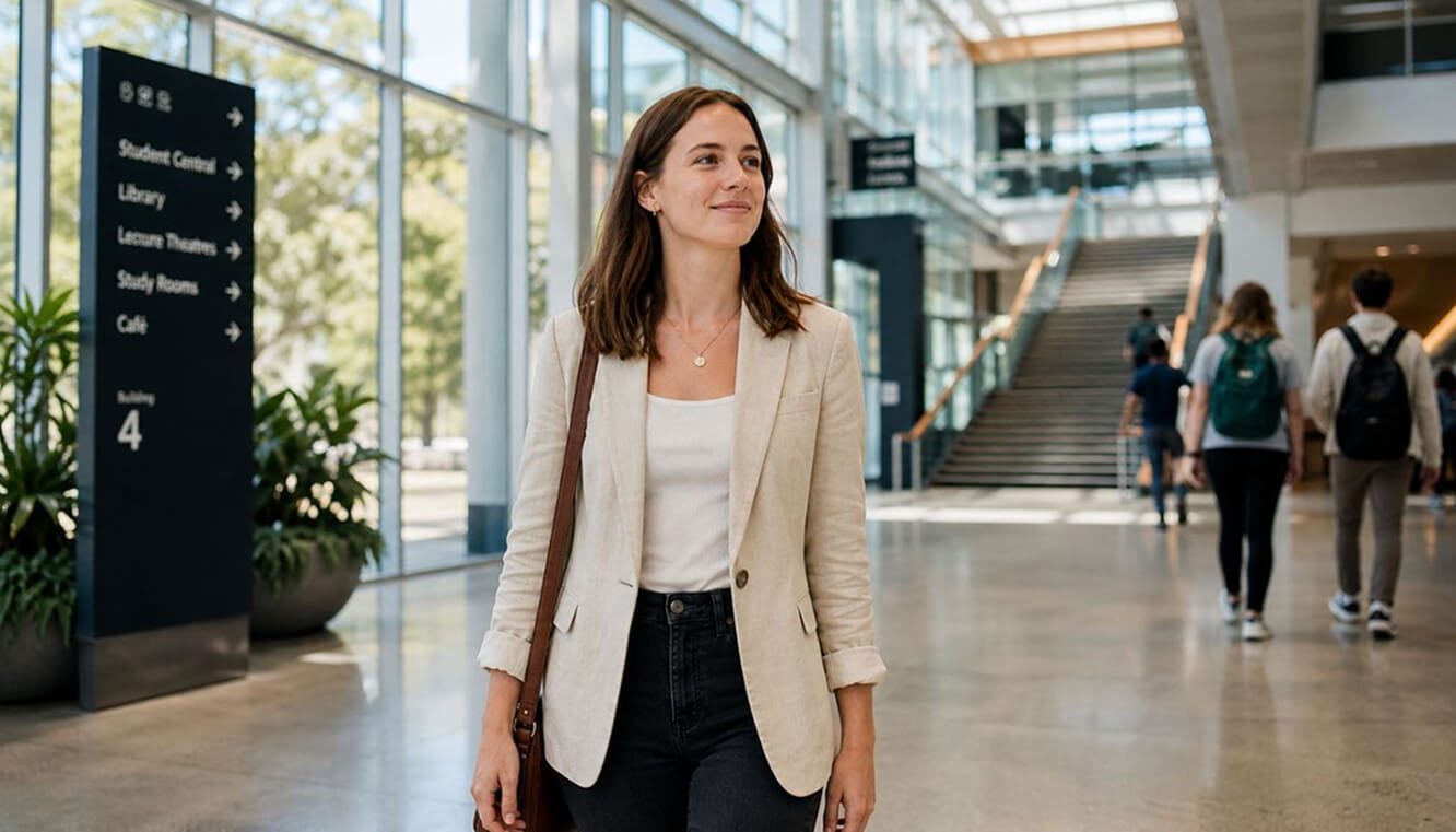 Young Australian female veteran walking through a university campus while pursuing tertiary study through a recognition of prior learning pathway.