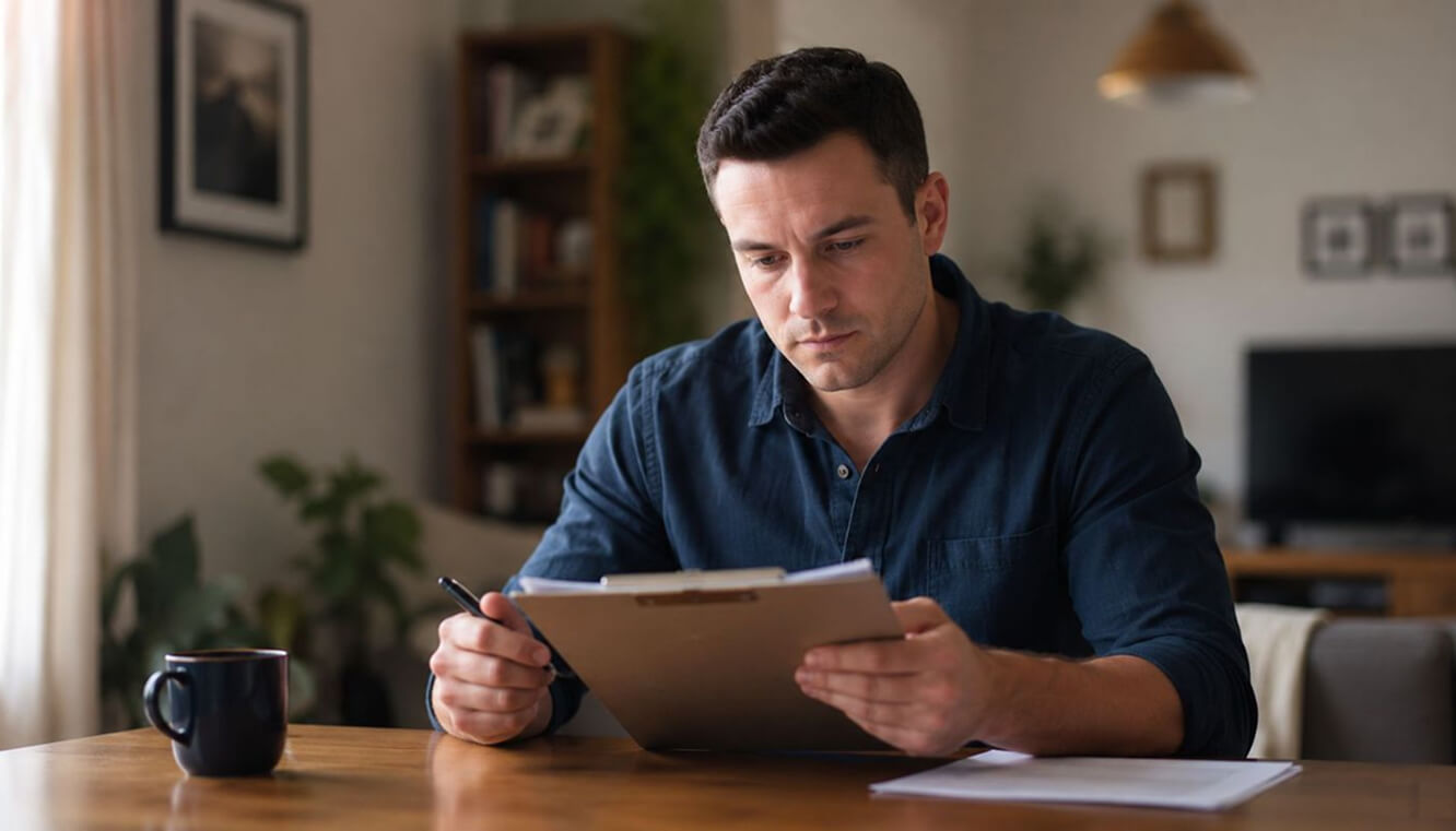 Australian veteran reviewing DVA treatment cycle paperwork at home.