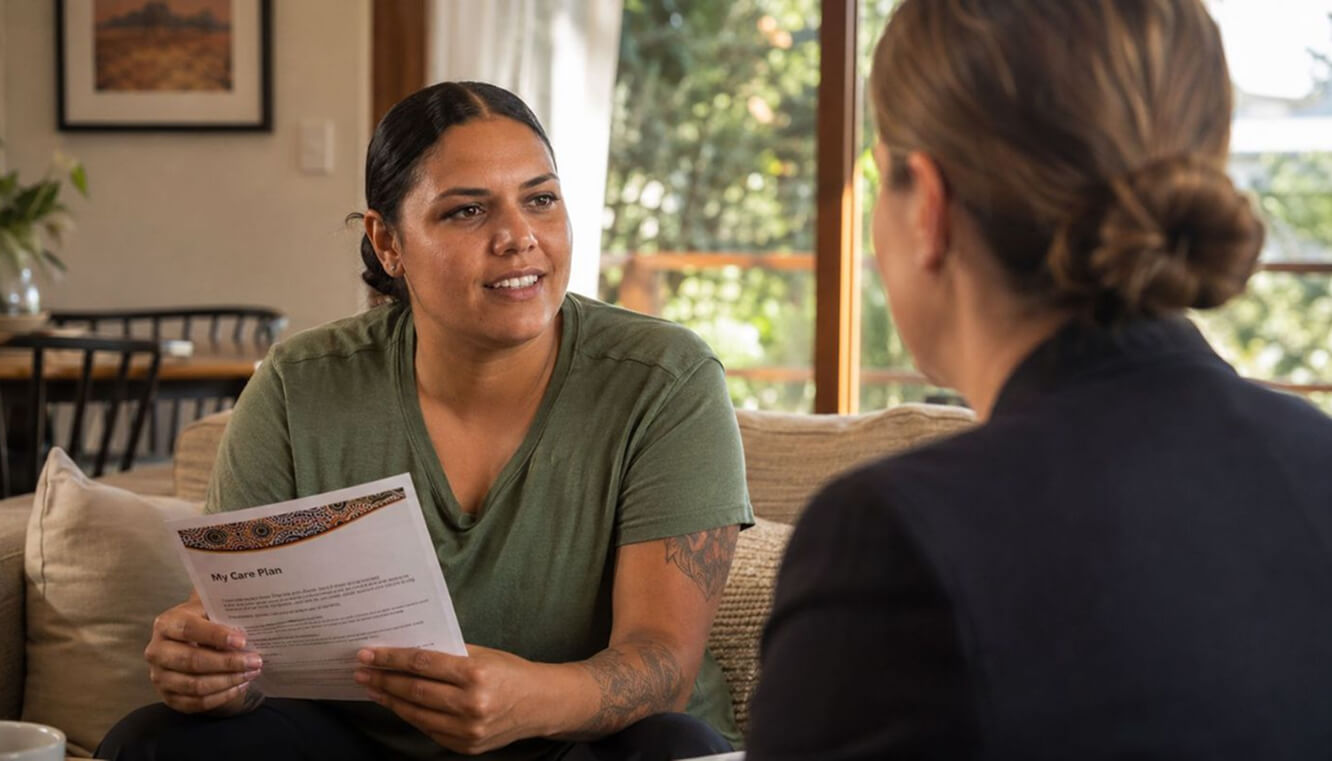 Indigenous Australian veteran discussing a Patient Care Plan with her GP.