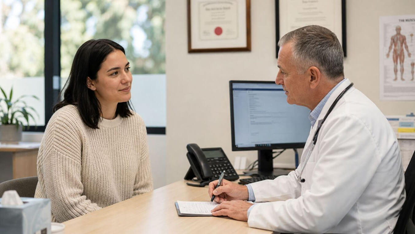 Female Australian veteran consulting her GP about completing the D2049 injury or disease details sheet.