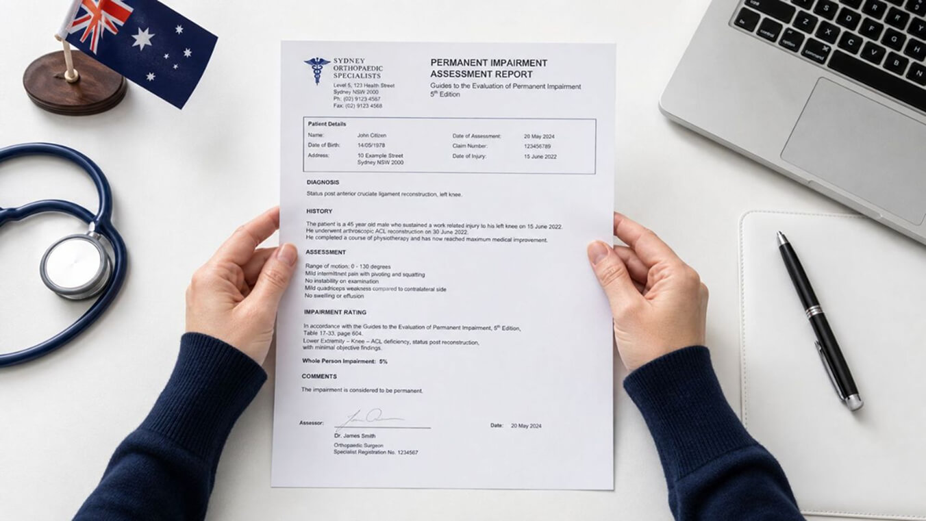 Australian medical specialist preparing a DVA permanent impairment assessment report on a clinic desk.