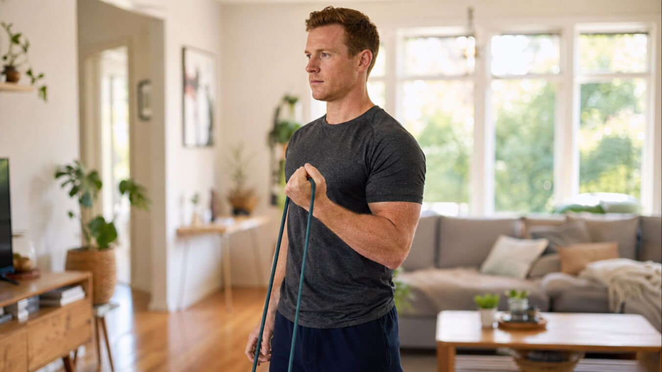 Australian veteran doing a resistance band exercise at home as part of a self-managed program.