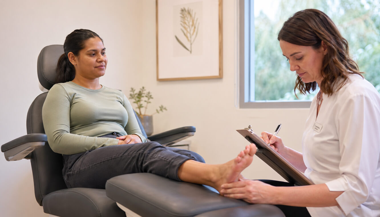 Indigenous Australian veteran being assessed by a podiatrist for DVA medical grade footwear.