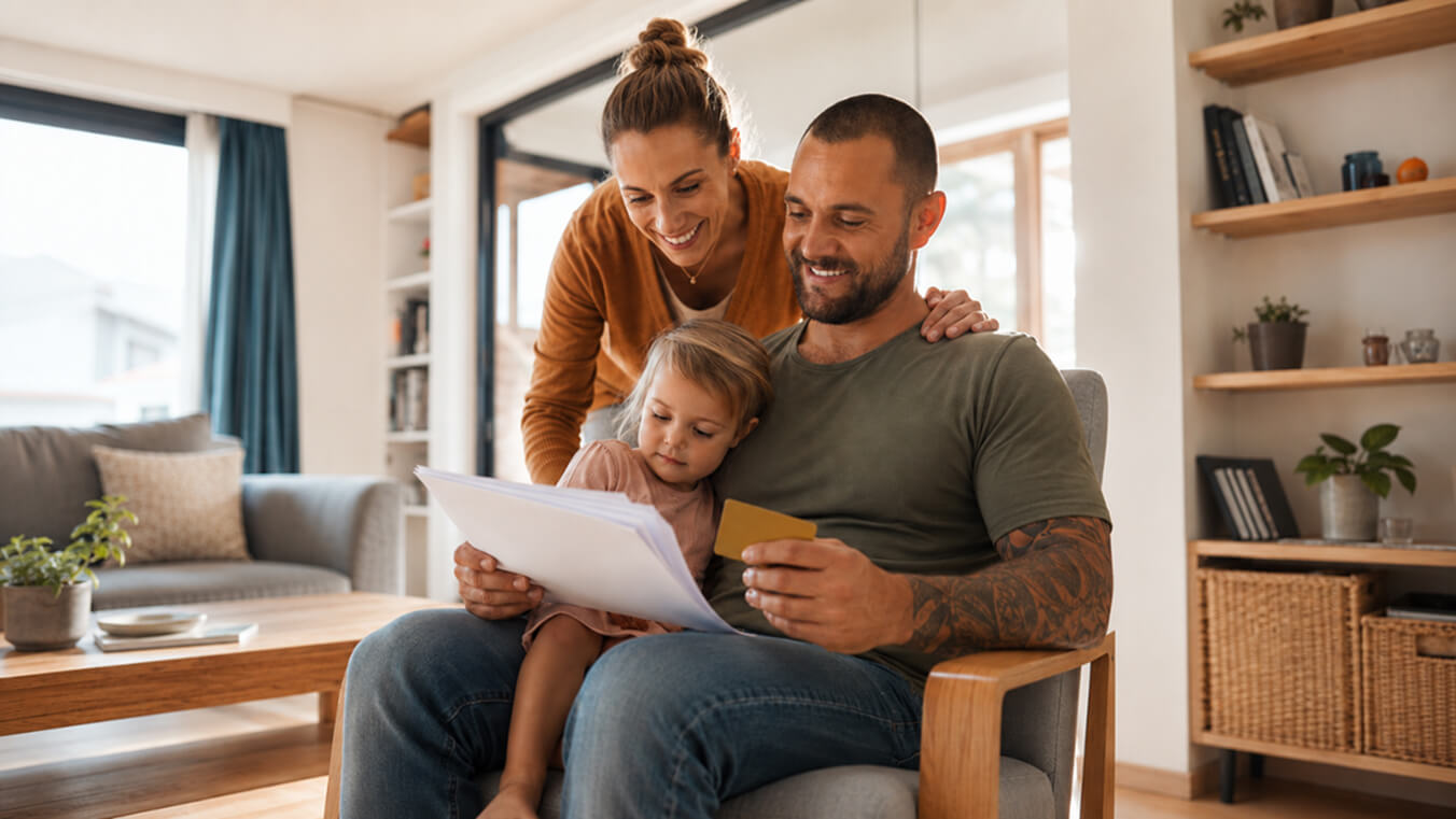 Young Australian veteran reviewing Gold Card healthcare information with his partner and child at home.