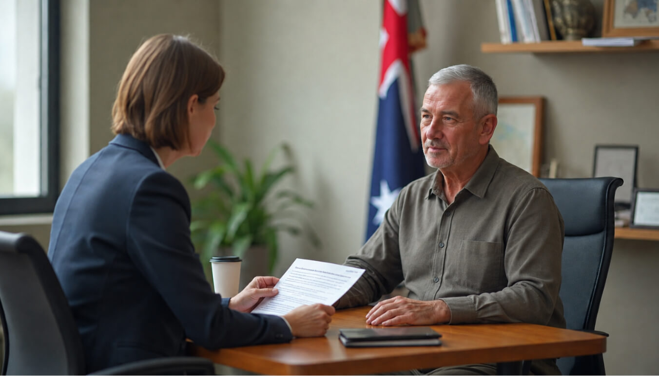 Female Australian veteran reviewing tinnitus compensation paperwork before handing it to a male claims adviser in a professional office.