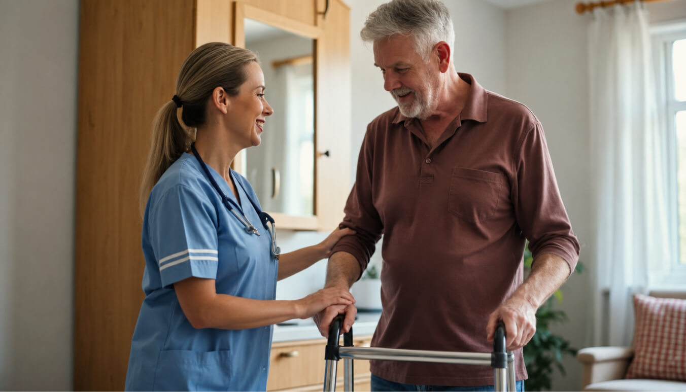 Australian veteran using a walking frame with support from a home care nurse in a bright, comfortable home.
