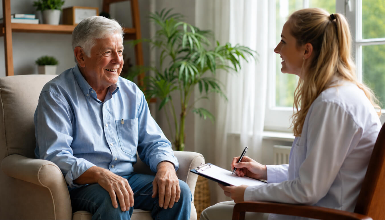 Older Australian veteran discussing his needs with a home care assessor during a DVA Veterans’ Home Care assessment.