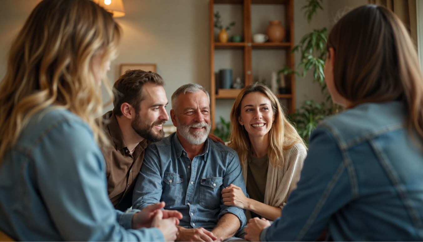 Older Australian veteran smiling with family and support workers during a relaxed conversation at home, representing practical and social support for Australian veterans.