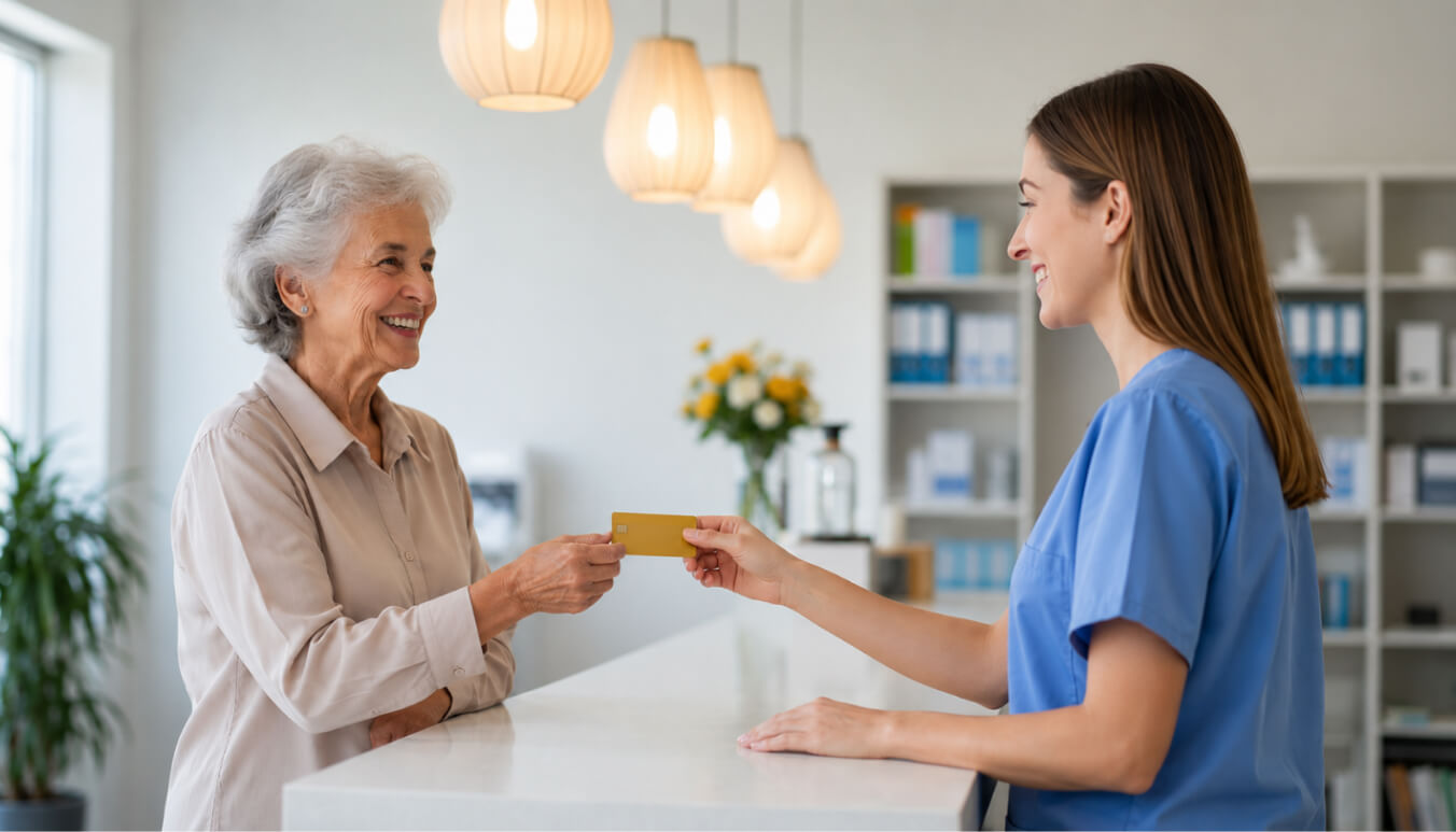 Elderly war widow receiving a Gold Card from a healthcare worker at a bright clinic reception desk.
