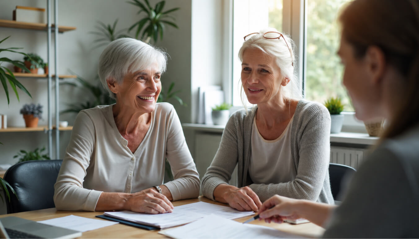 Widow discussing financial options related to war widows pension with a financial advisor.