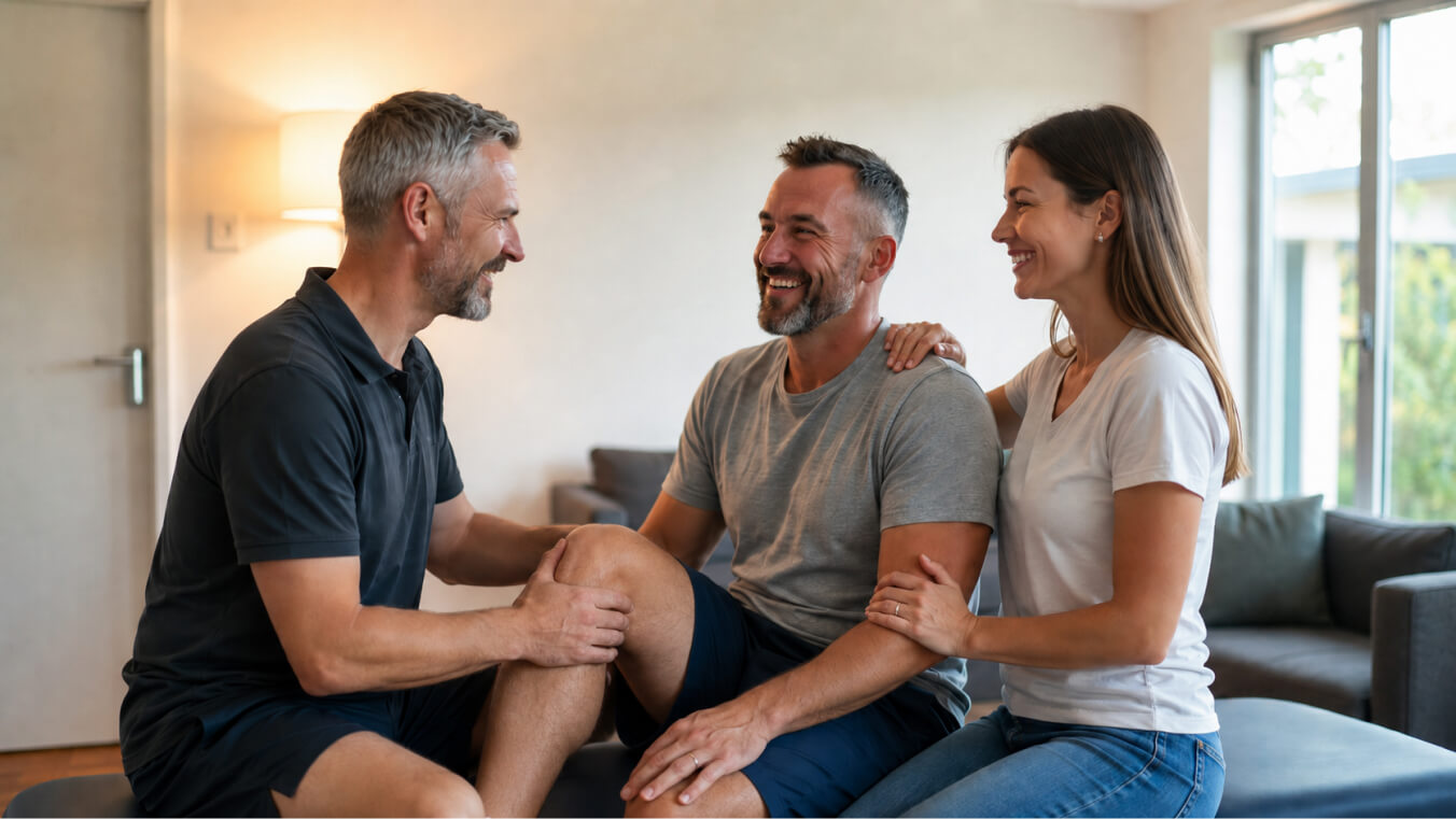 Male physiotherapist assessing an Australian veteran’s knee while the veteran smiles beside his supportive partner at home, illustrating DVA physiotherapy treatment and rehabilitation support.